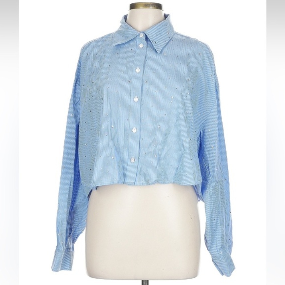Blue b. Rhinestone Crystal Encrusted Striped Button Up Collared Top Large Shirt